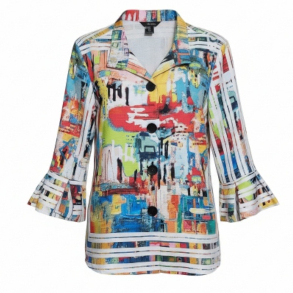 Ali Miles Womens 2X Wire Collar Abstract Print Ruffle Sleeve Button Up Top Shirt